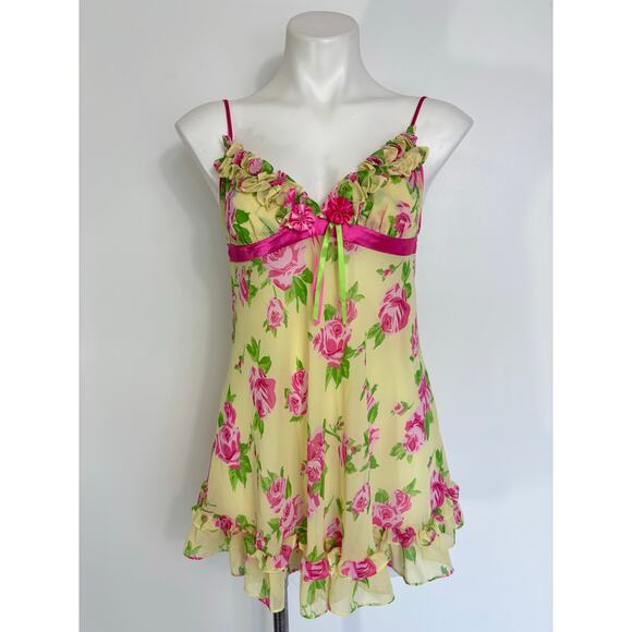 Vintage Betsey Johnson Yellow Floral Babydoll Slip Dress Size Small Coquette y2k - Picture 1 of 7